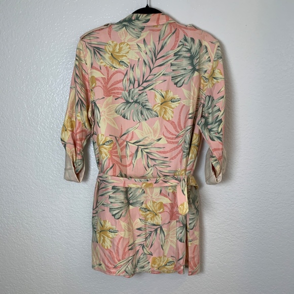 Natural Elements Silk Shirt Dress Size 14 Pink Floral Tropical Hawaiian Belted - Picture 11 of 13
